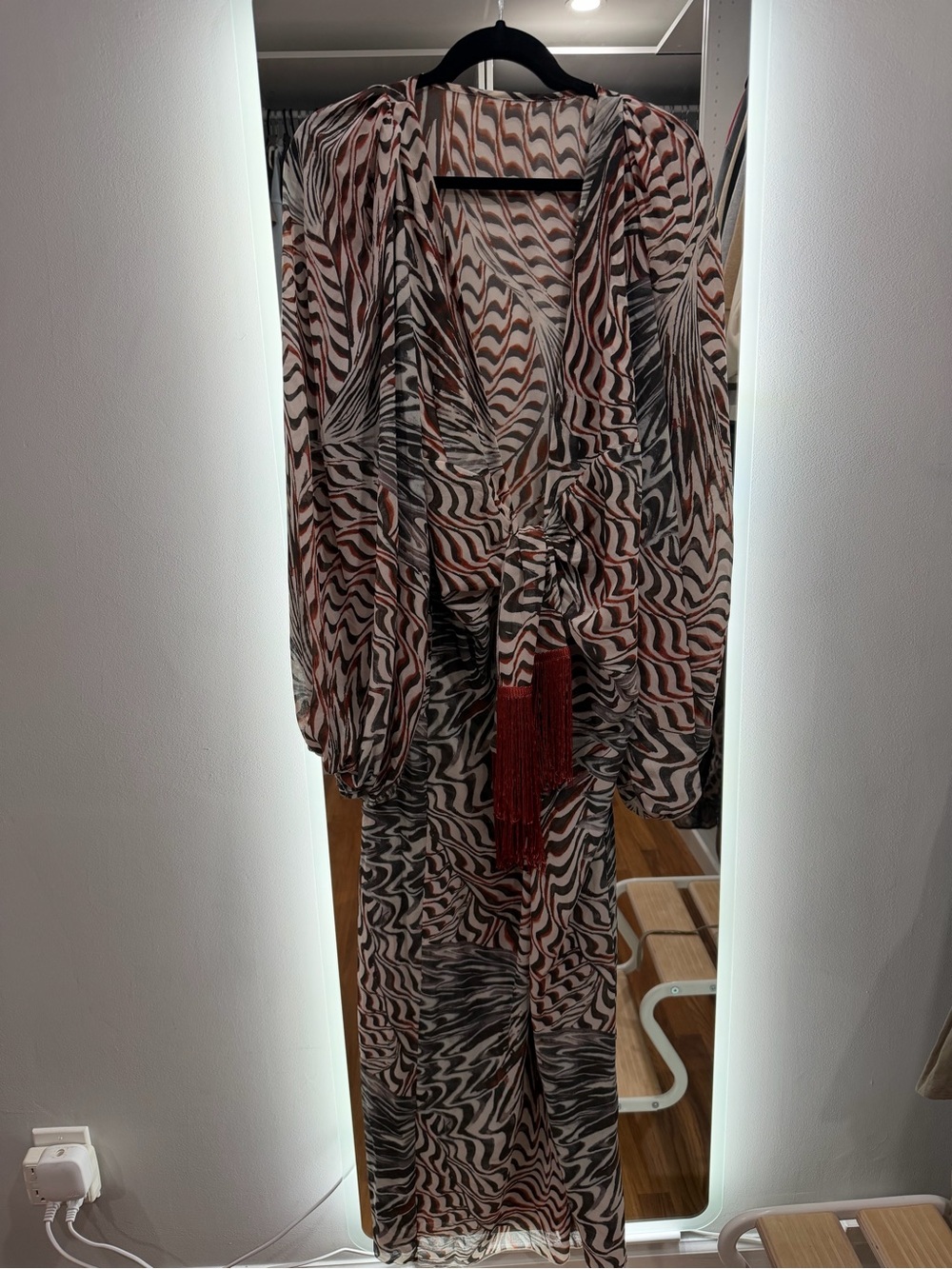 Sheer Brown & Cream Printed Maxi Dress with Tassel Tie